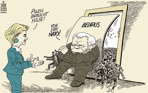 Oliver Schopf, politischer Karikaturist aus Österreich, politische Karikaturen aus Österreich, Karikatur Cartoon Illustrationen Politik Politiker Europa 2021: EUROPÄISCHE UNION POLEN BELARUS FLÜCHTLINGE MIGRATION GRENZE URSULA VON DER LEYEN JAROSLAW KACZYNSKI HILFE NATO TÜR EINRENNEN 

