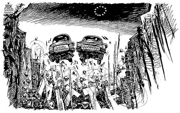 Oliver Schopf politische Karikatur: Für Volksparteien links und rechts der Mitte bricht in Europa der Boden weg
Oliver Schopf, politischer Karikaturist aus Österreich, politische Karikaturen aus Österreich, Karikatur Cartoon Illustrationen Politik Politiker Europa 2016 : EU POLITISCHE MITTE SOZIALDEMOKRATIE VOLKSPARTEIEN RADIKALE PARTEIEN POPULISMUS RÄNDER EINBRECHEN AUTO STRASSE
