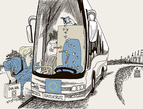   Oliver Schopf, politischer Karikaturist aus Österreich, politische Karikaturen aus Österreich, Karikatur Cartoon Illustrationen Politik Politiker Europa Süddeutsche Zeitung 2020: EU RATSVORSITZ PRÄSIDENTSCHAFT JULI 2020 DEUTSCHLAND MERKEL AUTOBUS FAHRERSITZ LENKRAD STEUER ERSTE HILFE KOFFER REISSNÄGEL KNALLKÖRPER 

