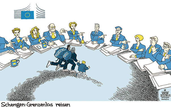 Oliver Schopf, politischer Karikaturist aus Österreich, politische Karikaturen aus Österreich, Karikatur Cartoon Illustrationen Politik Politiker Europa 2022: EU EUROPÄISCHE UNION KOMMISSION SCHENGEN SCHENGENRAUM MIGRATION FLÜCHTLINGE ASYL VETO ÖSTERREICH NIEDERLANDE RUMÄNIEN BULGARIEN GRENZENLOS MIT DEM FINGER AUF ANDERE ZEIGEN 
