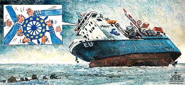  
Oliver Schopf, editorial cartoons from Austria, cartoonist from Austria, Austrian illustrations, illustrator from Austria, editorial cartoon
Europe EU  European union  2011  e.u. euro container ship wheel steersman ground average loss

