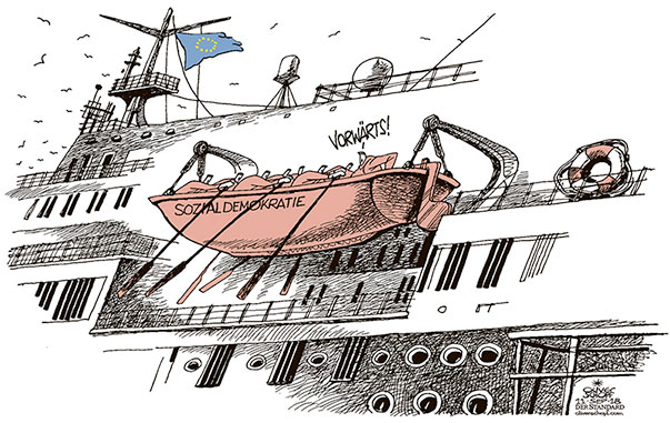 Oliver Schopf, politischer Karikaturist aus Österreich, politische Karikaturen aus Österreich, Karikatur Cartoon Illustrationen Politik Politiker Europa 2018 EU SOZIALDEMOKRATIE LINKS WAHLEN PARLAMENT RECHTSPARTEIEN RECHTSRUCK SCHIFF RETTUNGSBOOT RETTUNGSRING  
