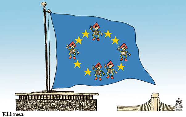 Oliver Schopf politische Karikatur: Juli 2020: Beim EU-Gipfel in Brüssel wird der Widerstand der „Sparsamen Vier“ gegen den Merkel-Macron-Zuschussplan immer stärker, zumal sich nun auch noch ein fünftes Land hinzugesellt hat: Finnland.
Oliver Schopf, politischer Karikaturist aus Österreich, politische Karikaturen aus Österreich, Karikatur Cartoon Illustrationen Politik Politiker Europa 2020: EU GIPFEL BRÜSSEL BUDGET SPARSAMEN VIER GEIZIGEN VIER ÖSTERREICH NIEDERLANDE DÄNEMARK SCHWEDEN FINNLAND SPAREN SPAREFROH FAHNE STERNE RATSGEBÄUDE
