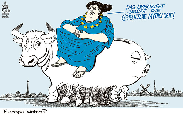 Oliver Schopf, politischer Karikaturist aus Österreich, politische Karikaturen aus Österreich, Karikatur Cartoon Illustrationen Politik Politiker Europa  2020: EUROPA STIER SPARSCHWEIN BUDGET EU GIPFEL SPARSAMEN VIER CORONA HILFEN RABATTE RECHTSSTAATLICHKEIT GRIECHISCHE MYTHOLOGIE FABELWESEN


