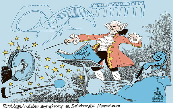 Oliver Schopf, editorial cartoons from Austria, cartoonist from Austria, Austrian illustrations, illustrator from Austria, editorial cartoon politics politician Europe, Cartoon Arts International, New York Times Syndicate, Cagle cartoon 2018 : EU SUMMIT SALZBURG MOZARTEUM CONCERT DIRECTOR SEBASTIAN KURZ MOZART SYMPHONY BRIDGE BUILDER REFUGEES MIGRATION FRONTEX ASYLUM BREXIT
