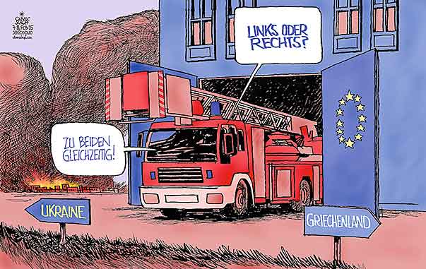  Oliver Schopf, politischer Karikaturist aus Österreich, politische Karikaturen, Illustrationen Archiv politische Karikatur Europa 
2015 EU EUROPAEISCHE UNION UKRAINE GRIECHENLAND KRISE BRANDHERD FEUER FEUERWEHR EINSATZ LOESCHEN 





