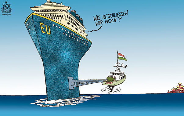 Oliver Schopf, politischer Karikaturist aus Österreich, politische Karikaturen aus Österreich, Karikatur Cartoon Illustrationen Politik Politiker Europa 2023: EU GIPFEL BRÜSSEL BESCHLUSS UKRAINE BEITRITT HILFE GELDER HILFSGELDER UNGARN VIKTOR ORBÁN SCHIFF MOSKAU PUTIN 















