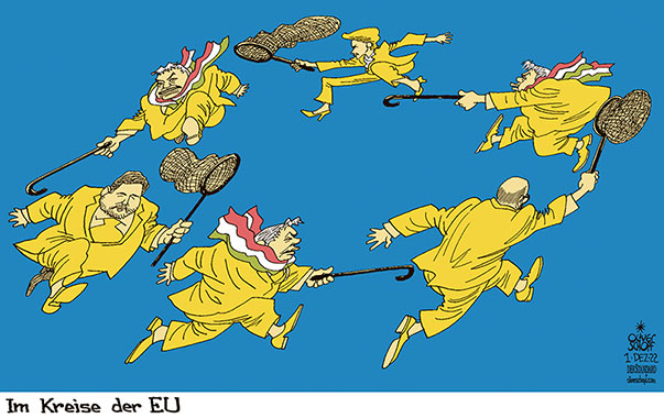 Oliver Schopf, editorial cartoons from Austria, cartoonist from Austria, Austrian illustrations, illustrator from Austria, editorial cartoon politics politician Europe, Cartoon Arts International, 2022: EU EUROPEAN UNION ORBAN VETO CONFLICT FLAG CIRCLE STARS JOHANNES HAHN CHARLES MICHELVON DER LEYEN PERSECUTE AID MONEY

