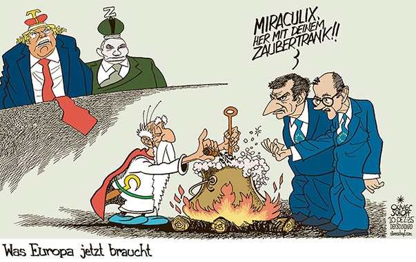 Oliver Schopf, politischer Karikaturist aus Österreich, politische Karikaturen aus Österreich, Karikatur Cartoon Illustrationen Politik Politiker Europa @oliverschopf.bsky.social 2025: EU EUROPÄISCHE UNION EUROPA USA RUSSLAND NATIONALE SICHERHEITSSTRATEGIE DOKTRIN TRUMP PUTIN MACRON MERZ MIRACULIX ZAUBERTRANK STARK KRÄFTIG ASTERIX










 



