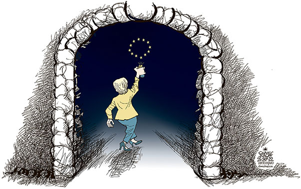 Oliver Schopf, editorial cartoons from Austria, cartoonist from Austria, Austrian illustrations, illustrator from Austria, editorial cartoon politics politician Europe, Cartoon Arts International, 2022: EU PRESIDENT OF THE COMMISSION VON DER LEYEN ADDRESS SPEECH TUNNEL LIGHT STARS FLAG CRISIS ENERGY INFLATION

