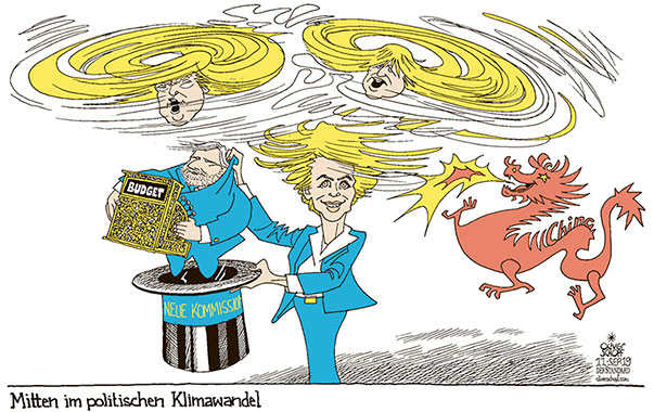  Oliver Schopf, politischer Karikaturist aus Österreich, politische Karikaturen, Illustrationen Archiv politische Karikatur Europa EU Europäische Komission Ursula von der Leyen 2019 EU KOMMISSION URSULA VON DER LEYEN JOHANNES HAHN HAUSHALTSKOMMISSAR BUDGET WETTERLAGE SRURM KLIMAWANDEL TRUMP BORIS JOHNSON CHINA DRACHE AUS DEM HUT ZAUBERN 

