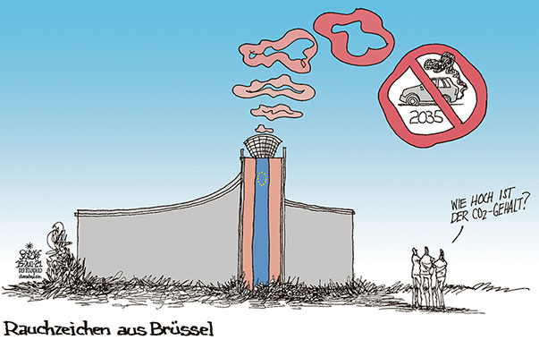 Oliver Schopf, politischer Karikaturist aus Österreich, politische Karikaturen aus Österreich, Karikatur Cartoon Illustrationen Politik Politiker Europa 2021: EUROPÄISCHE UNION EU KLIMA GREEN DEAL KOMMISSION AUTO VERBRENNUNGSMOTOR RAUCHZEICHEN CO2 VERBOT 2035 VON DER LEYEN

