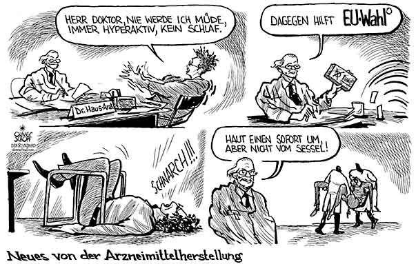  Oliver Schopf, politischer Karikaturist aus Österreich, politische Karikaturen aus Österreich, Karikatur Illustrationen Europa 2009: Neues von der Arzneimittelherstellung comics
eu, europäische union wahlen, wahl, europaeisches parlament, wahl, europawahlen, muede, muedigkeit, arznei, mittel, einschlafen Politik Politiker 

   