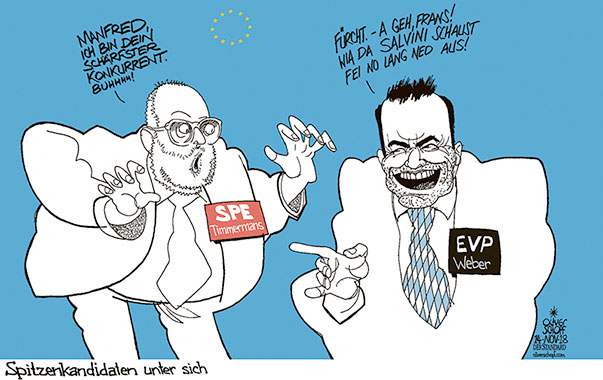  Oliver Schopf, politischer Karikaturist aus Österreich, politische Karikaturen, Illustrationen Archiv politische Karikatur Europa EU-Wahl 2018 EU MANFRED WEBER FRANS TIMMERMANS WAHL SPITZENKANDIDAT EVP SPE SALVINI GEGNER RECHTSPOPULISTEN
