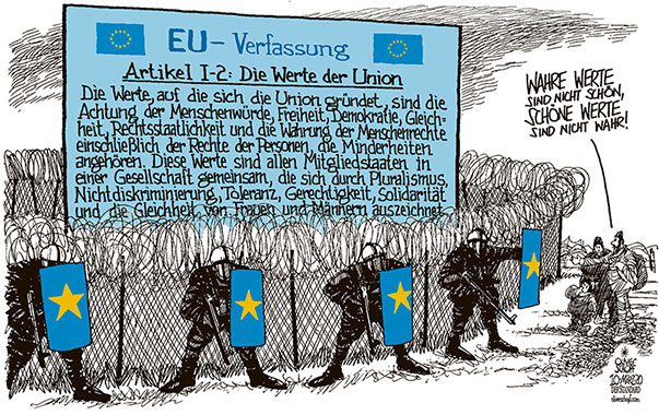  Oliver Schopf, politischer Karikaturist aus Österreich, politische Karikaturen aus Österreich, Karikatur Cartoon Illustrationen Politik Politiker Europa  2020: EU VERFASSUNG ARTIKEL I-2 WERTE DER UNION GRENZE ZAUN POLIZEI TÜRKEI GRIECHENLAND FLÜCHTLINGE LAGER 




