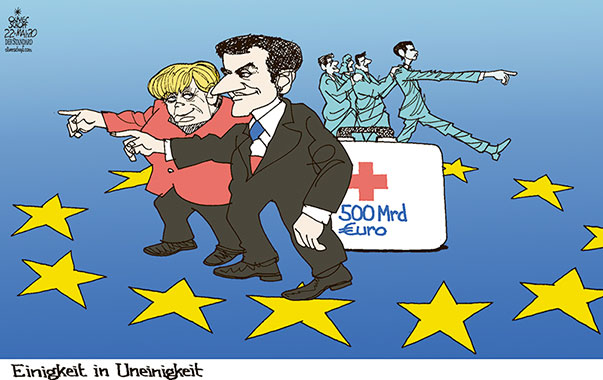 Oliver Schopf politische Karikatur: Ein europaweiter Hilfsfonds mit 500 Mrd. Euro soll die Coronakrise in der EU abfedern. Wie immer ist man sich in der Uneinigkeit einig.
Oliver Schopf, politischer Karikaturist aus Österreich, politische Karikaturen aus Österreich, Karikatur Cartoon Illustrationen Politik Politiker Europa 2020: CORONAVIRUS KRISE EUROPÄISCHE UNION EU WIEDERAUFBAUFONDS 500 MILLIARDEN EURO MERKEL MACRON KURZ HILFSFONDS
