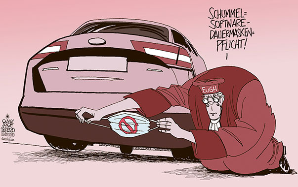 Oliver Schopf, politischer Karikaturist aus Österreich, politische Karikaturen aus Österreich, Karikatur Cartoon Illustrationen Politik Politiker Europa 2020: EuGH URTEIL RICHTER DIESEL SKANDAL SCHUMMELN TRICKSEN SOFTWARE STICKOXIDE ABGASMESSUNG AUSPUFF AUTO VW  
