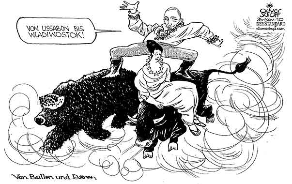 Oliver Schopf, politischer Karikaturist aus Österreich, politische Karikaturen aus Österreich, Karikatur Illustrationen Politik Politiker Europa 2010: eu russland putin baer bulle reiten freihandelszone