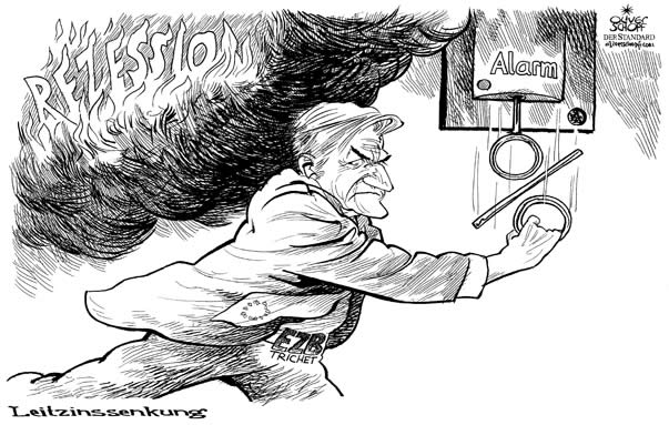 Oliver Schopf, editorial cartoons from Austria, cartoonist from Austria, Austrian illustrations, illustrator from Austria, editorial cartoon 
Europe 2008: eu european union ecb, trichet, interest rates, recession, alert
