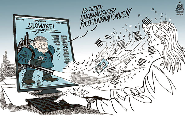 Oliver Schopf, politischer Karikaturist aus Österreich, politische Karikaturen aus Österreich, Karikatur Cartoon Illustrationen Politik Politiker Europa 2023: SLOWAKEI ROBERT FICO UNABHÄNGIGKEIT PRESSE PRESSEFREIHEIT MEINUNGSFREIHEIT MEDIEN JOURNALISMUS DRUCK BESCHNEIDEN LAUBBLÄSER JOURNALIST PC 














