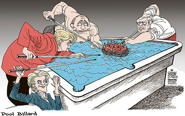 Oliver Schopf, politischer Karikaturist aus Österreich, politische Karikaturen aus Österreich, Karikatur Cartoon Illustrationen Politik Politiker Europa  2020: TÜRKEI ERDOGAN GRENZE EU GRIECHENLAND FLÜCHTLINGE SCHLAUCHBOOT STOSSEN SYRIEN PUTIN MERKEL VON DER 
LEYEN POOL BILLARD 
