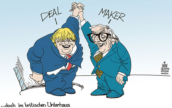  Oliver Schopf, politischer Karikaturist aus Österreich, politische Karikaturen, Illustrationen Archiv politische Karikatur Europa Great Britain UK GROSSBRITANNIEN BREXIT 2019 BREXIT BORIS JOHNSON BOJO JUNCKER GROSSSBRITANNIEN EU DEAL DEALMAKER PARLAMENT UNTERHAUS SÄGE SÄGEN LOCH
