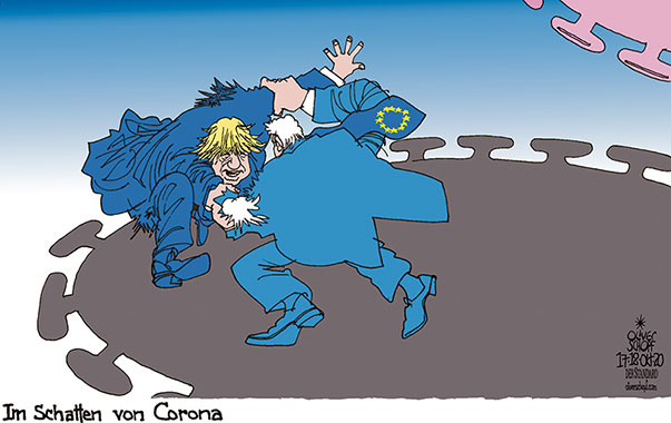  Oliver Schopf, politischer Karikaturist aus Österreich, politische Karikaturen, Illustrationen Archiv politische Karikatur Europa Great Britain 2020 GROSSBRITANNIEN BREXIT BORIS JOHNSON BOJO EU BARNIER VERHANDLUNGEN CORONAVIRUS KRISE SARS-CoV-2 COVID-19 RINGEN SCHATTEN 
