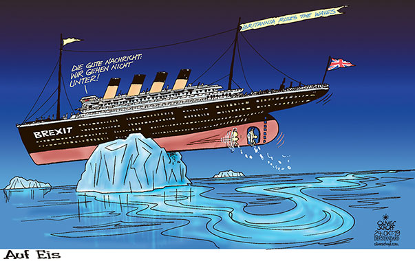  Oliver Schopf, politischer Karikaturist aus Österreich, politische Karikaturen, Illustrationen Archiv politische Karikatur Europa Great Britain UK GROSSBRITANNIEN BREXIT 2019 BREXIT GROSSBRITANNIEN VERSCHIEBUNG TITANIC EISBERG SCHIFF
