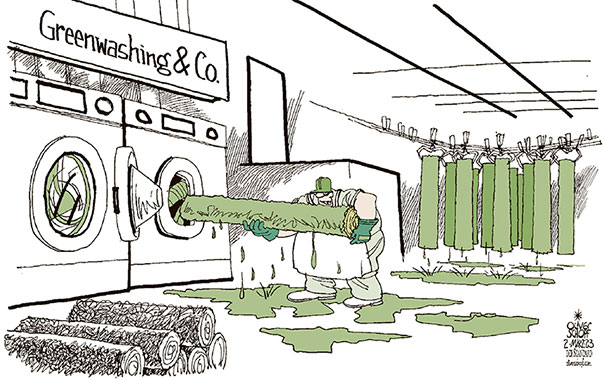 Oliver Schopf, editorial cartoons from Austria, cartoonist from Austria, Austrian illustrations, illustrator from Austria, editorial cartoon politics politician Europe, Cartoon Arts International, 2023: GREENWASHING WOOD CERTIFICATE RAIN FOREST FURNITURE SUSTAINABILITY LAUNDRYLOG DEFOREST
