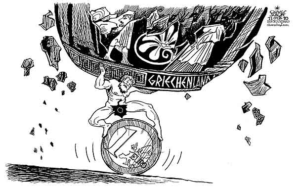 Oliver Schopf, politischer Karikaturist aus Österreich, politische Karikaturen aus Österreich, Karikatur Illustrationen Politik Politiker Europa 2010: griechenland eu euro atlas vase stabilitaet scherben balancieren 
   
