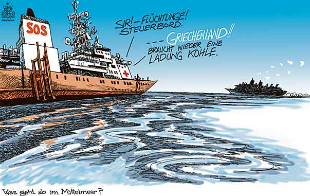  Oliver Schopf, politischer Karikaturist aus Österreich, politische Karikaturen, Illustrationen Archiv politische Karikatur Europa Griechenland 2017 
GRIECHENLAND SCHULDEN KRISE EURO GELD KOHLE MITTELMEER RETTUNG SCHIFF SOS ROTES KREUZ FLÜCHTLINGE 

