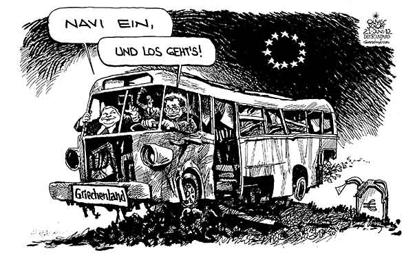 Oliver Schopf, politischer Karikaturist aus Österreich, politische Karikaturen aus Österreich, Karikatur Illustrationen Politik Politiker Europa 2012: GRIECHENLAND REGIERUNG SAMARAS ANTONIS VENIZELOS EVANGELOS EU EURO KRISE BUS WRACK NAVI NAVIGATIONSSYSTEM GPS