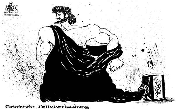 Oliver Schopf, politischer Karikaturist aus Österreich, politische Karikaturen aus Österreich, Karikatur Illustrationen Politik Politiker Europa 2010: griechenland goldman sachs defizit tusche vertuschung
