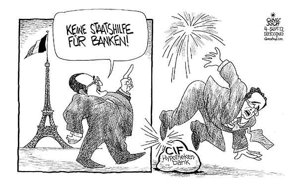  Oliver Schopf, politischer Karikaturist aus Österreich, politische Karikaturen, Illustrationen Archiv politische Karikatur Europa Frankreich 2012 FRANKREICH EIFFELTURM HOLLANDE FRANCOIS PREAESIDENT STAATSHILFE BANKENRETTUNG CIF HYPOTHEKENBANK STOLPERN ANSAGE AUFGEBLASEN

 

