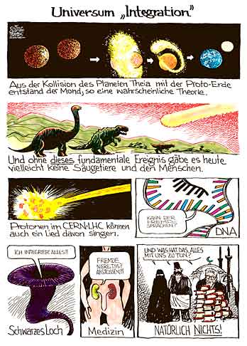 Oliver Schopf, politischer Karikaturist aus Österreich, politische Karikaturen aus Österreich, Karikatur Illustrationen Politik Politiker Europa 2010: integration integrationsproblem universum planeten theia erde mond asteroid saurier cern lhc dann schwarzes loch