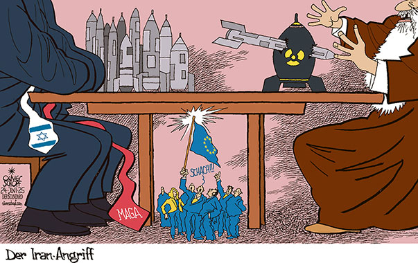 Oliver Schopf, politischer Karikaturist aus Österreich, politische Karikaturen aus Österreich, Karikatur Cartoon Illustrationen Politik Politiker Europa @oliverschopf.bsky.social 2025: IRAN KRIEG ISRAEL EU BOMBEN ANGRIFF BOMBARDIERUNG MULLAH SCHACH TISCH OPERATION MIDNIGHT HAMMER EINFLUSS 









 



