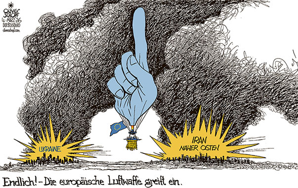 Oliver Schopf, politischer Karikaturist aus Österreich, politische Karikaturen aus Österreich, Karikatur Cartoon Illustrationen Politik Politiker Europa @oliverschopf.bsky.social 2026: EU EUROPÄISCHE UNION IRAN KRIEG NAHER OSTEN LUFTWAFFE SICHERHEIT HEISSLUFTBALLON MAHNEN MAHNENDER ZEIGEFINGER HEISSE LUFT UKRAINE 










 




