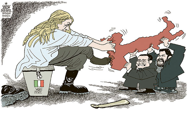 Oliver Schopf, politischer Karikaturist aus Österreich, politische Karikaturen aus Österreich, Karikatur Cartoon Illustrationen Politik Politiker Europa 2022: ITALIEN PARLAMENTSWAHLEN GIORGIA MELONI FGRATELLI D’ ITALIA BERLUSCONI FORZA D’ ITALIA SALVINI LEGA STIEFEL ANZIEHEN SCHUHMODE REGIERUNG 




