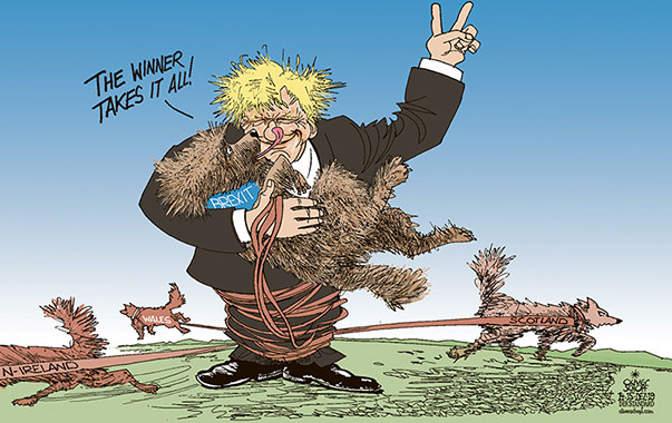  Oliver Schopf, politischer Karikaturist aus Österreich, politische Karikaturen, Illustrationen Archiv politische Karikatur Europa Great Britain UK England Schottland Irland 2019 GROSSBRITANNIEN BORIS JOHNSON BOJO WAHLEN SIEGER WINNER TAKES IT ALL HUND BREXIT ABSPALTUNGEN NORDIRLAND SCHOTTLAND WALES HUNDELEINE 

