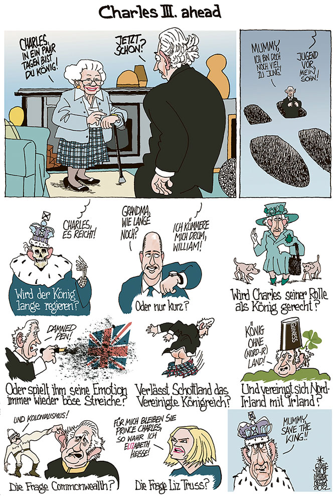 Oliver Schopf, politischer Karikaturist aus Österreich, politische Karikaturen aus Österreich, Karikatur Cartoon Illustrationen Politik Politiker Europa 2022: GROSSBRITANNIEN VEREINIGTES KÖNIGREICH QUEEN ELIZABETH II KING CHARLES III NACHFOLGE ZUKUNFT FUSSSTAPFEN PRINCE WILLIAM FÜLLFEDER TINTE PATZEN SCHOTTLAND NORDIRLAND COMMONWEALTH KOLONIALISMUS LIZ TRUSS MUMMY SAVE THE KING




