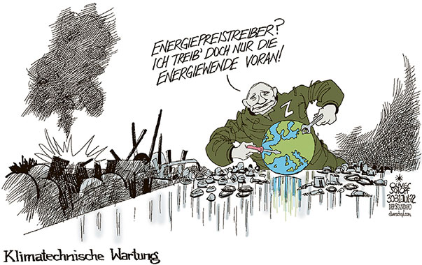 Oliver Schopf, politischer Karikaturist aus Österreich, politische Karikaturen aus Österreich, Karikatur Cartoon Illustrationen Politik Politiker Europa 2022: KLIMA FOSSILE ENERGIE ENRGIEWENDE PUTIN UKRAINE KRIEG PLANET ERDE WERKZEUG SCHRAUBEN TECHNISCHE WARTUNG PREISE TEUERUNG

