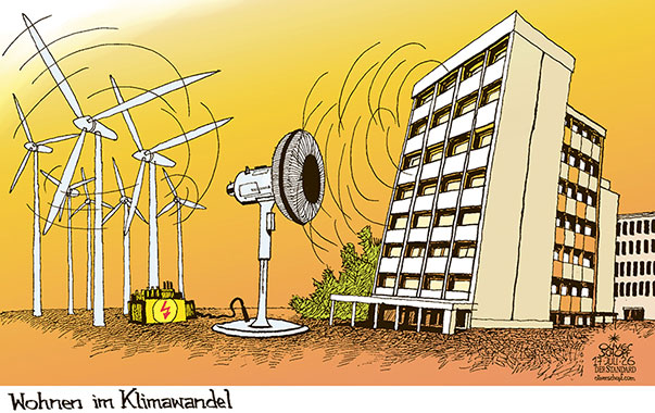 Oliver Schopf politische Karikatur 2026 : Längere Hitzeperioden im Sommer zwingen uns zu neuen Kühlstrategien im Wohnbau. Es wird zwar viel Wind gemacht, aber alternative, nachhaltige Lösungen bleiben vorerst aus.
Oliver Schopf, politischer Karikaturist aus Österreich, politische Karikaturen aus Österreich, Karikatur Cartoon Illustrationen Politik Politiker Europa @oliverschopf.bsky.social 2026: KLIMA KLIMAWANDEL ERDERWÄRMUNG HITZE HITZEPERIODEN WOHNEN WOHNUNG WOHNSIEDLUNG KLIMAANLAGE KÜHLUNG VENTILATOR WINDENERGIE WINDPARK ALTERNATIVE ENERGIE