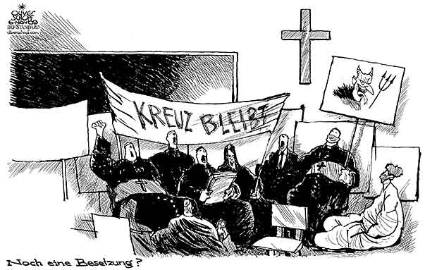 Oliver Schopf, politischer Karikaturist aus Österreich, politische Karikaturen aus Österreich, Karikatur Illustrationen Politik Politiker Europa 2009: kreuz, klassenzimmer, kirche, besetzung, demonstration