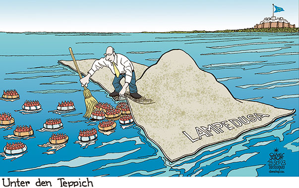 Oliver Schopf, politischer Karikaturist aus Österreich, politische Karikaturen aus Österreich, Karikatur Cartoon Illustrationen Politik Politiker Europa 2023: EU MIGRATION FLÜCHTLINGE BOOTE FLÜCHTLINGSKRISE MITTELMEER LAMPEDUSA UNTER DEN TEPPICH KEHREN BESEN
