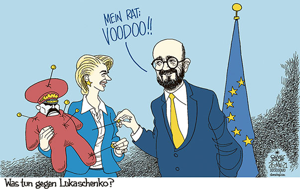 Oliver Schopf, politischer Karikaturist aus Österreich, politische Karikaturen aus Österreich, Karikatur Cartoon Illustrationen Politik Politiker Europa 2021: BELARUS WEISSRUSSLAND EU LUKASCHENKO CHARLES MICHEL RATSPRÄSIDENT URSULA VON DER LEYEN KOMMISSIONSPRÄSIDENTIN FLUGZEUG MINSK PROTASSEWITSCH SANKTIONEN VOODOO ZAUBER PUPPE
