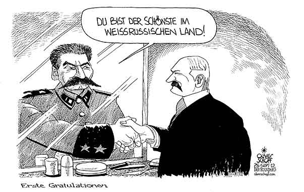  Oliver Schopf, politischer Karikaturist aus Österreich, politische Karikaturen, Illustrationen Archiv politische Karikatur Europa Weissrussland
2012  WEISSRUSSLAND WAHLEN LUKASCHENKO ALEXANDER STALIN SPIEGEL GRATULATION SPIEGLEIN AN DER WAND SCHNEEWITTCHEN  
 
 