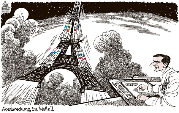  Oliver Schopf, politischer Karikaturist aus Österreich, politische Karikaturen, Illustrationen Archiv politische Karikatur Europa Frankreich  2019 FRANKREICH MACRON  ABWEHR VERTEIDIGUNG MILITÄR WELTRAUM ALL EIFFELTURM RAKETE ABWEHR LIFT OFF   



