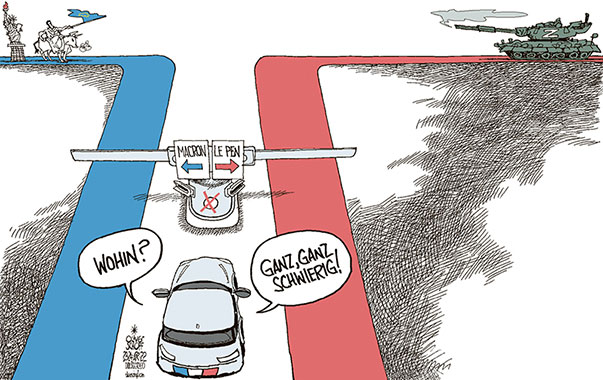 Oliver Schopf politische Karikatur: Entscheidender Sonntag, 24. April 2022: Wer Frankreichs Präsidentenwahlen entscheidet, entscheidet über Freiheit/Demokratie oder über Putins Statthalterin in Europa.
Oliver Schopf, politischer Karikaturist aus Österreich, politische Karikaturen aus Österreich, Karikatur Cartoon Illustrationen Politik Politiker Europa 2022: FRANKREICH PRÄSIDENTENWAHLEN STICHWAHL MACRON LE PEN ENTSCHEIDUNG EU FREIHEIT FREIHEITSSTATUE PUTIN PANZER Z MAUTSTELLE SCHRANKEN AUTO FAHRSPUR TRIKOLORE