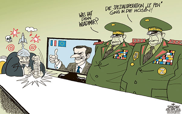 Oliver Schopf, politischer Karikaturist aus Österreich, politische Karikaturen aus Österreich, Karikatur Cartoon Illustrationen Politik Politiker Europa 2022: FRANKREICH PRÄSIDENTENWAHLEN EMMANUEL MACRON WAHLSIEGER LE PEN WLADIMIR PUTIN GENERÄLE WUT ZORN UKRAINE KRIEG SPEZIALOPERATION ALUHUT ETWAS GEHT IN DIE DIE HOSE
