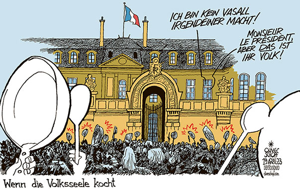 Oliver Schopf, politischer Karikaturist aus Österreich, politische Karikaturen aus Österreich, Karikatur Cartoon Illustrationen Politik Politiker Europa 2023: FRANKREICH MACRON PROTESTE KOCHTOPF PENSIONSREFORM ELYSÉE PALAST VASALL EU USA CHINA VOLK



